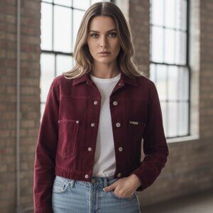 CK CALVIN KLEIN JEANS 90's RED VELVETEEN CROPPED TRUCKER JACKET - SUPER RARE